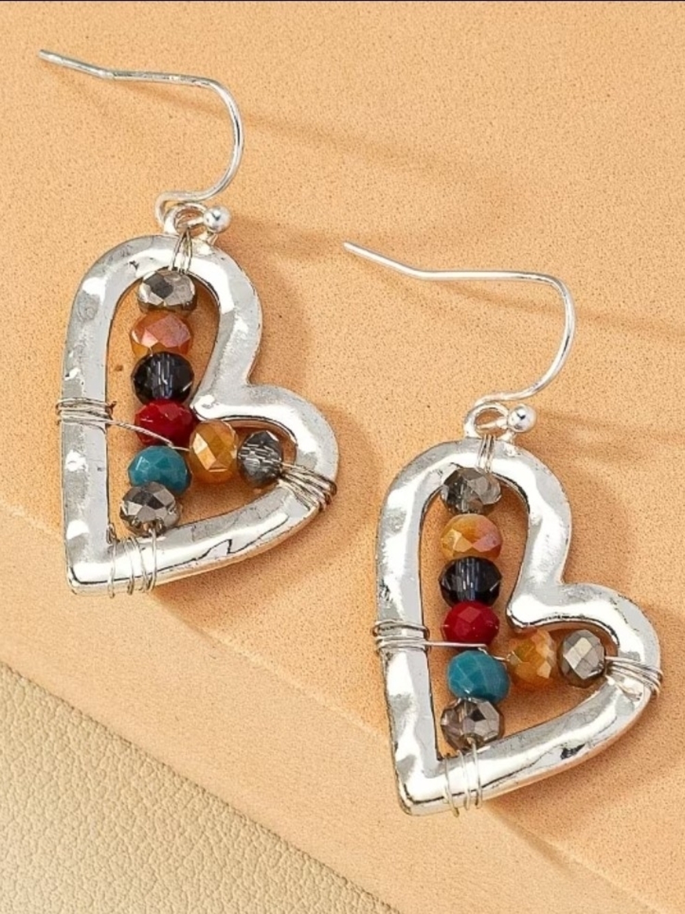 Silver Colorful Beaded Heart Drop Earrings- NEW!